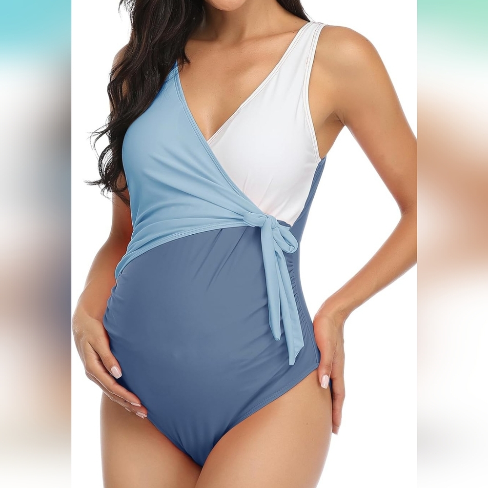 SUMMER MAE Blue and White Wrap Swimsuit